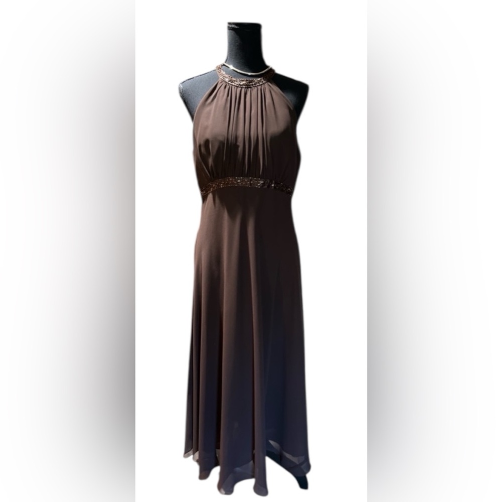 Evan Picone Brown Halter Neck Beaded Waist Evening Dress